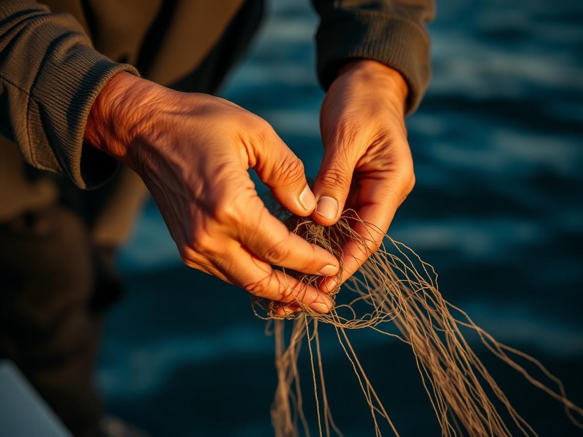 Hands mending a fishing net at dawn